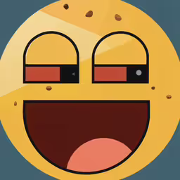 an emoticively designed smiley face with two eyes and a large mouth,a yellow round face that has a lot of holes on it