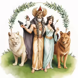 an ancient couple standing in front of two dogs