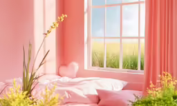 an image of a room that is pink with a plant