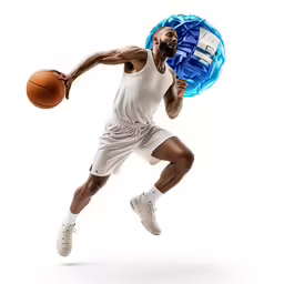 man holding a blue basket ball and jumping