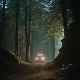car headlights up in the middle of a forest road