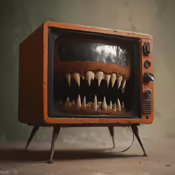 a tv with fake teeth on it and its screen