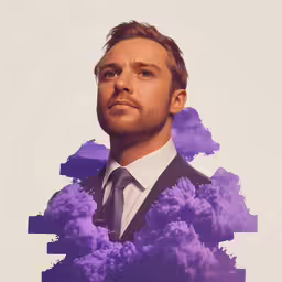 a man wearing a suit and tie in front of clouds
