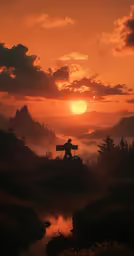 a person sits at a bench at sunrise
