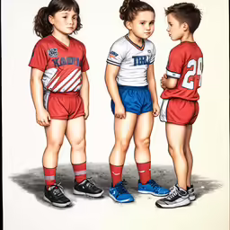 two girls and a boy with red, white and blue uniforms