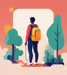 man in park with back pack looking on,a person with a backpack walks through the woods