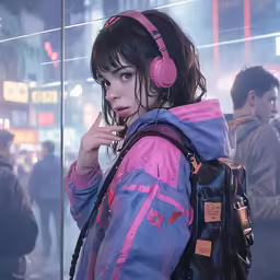 a woman is wearing headphones and talking on her phone