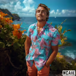 a man standing in front of some plants near the ocean,a man is standing in front of some water