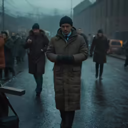 a man stands in the street holding his hand on his stomach