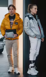 the man and woman are standing next to each other wearing coats