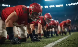 a close - up of several football players in red uniform on the field