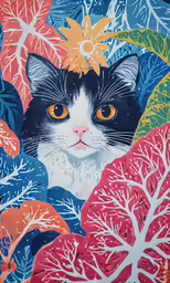 a cat that is staring with a plant behind it