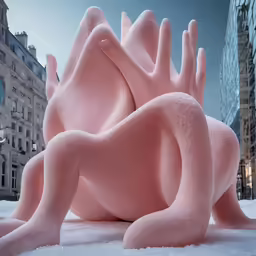 a large pink sculpture sitting in the snow