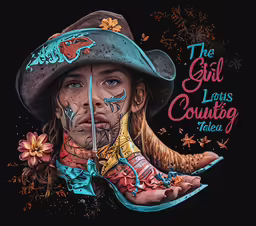 a painting of a cowboy holding up an open hand with tattoos on it