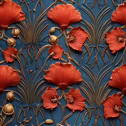 an orange flower on blue cloth with brown pattern