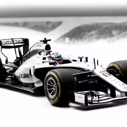 black and white race car on the road with blurry background