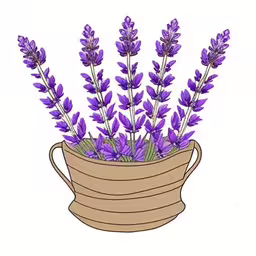 a plant in a pot with purple flowers,a picture of purple lavender flowers in a vase,an arrangement of flowers in a small basket,a basket full of purple lavender flowers with green stems,an illustration of a basket filled with purple flowers