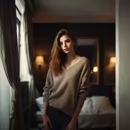 a woman wearing black pants stands in front of a mirror