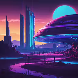 futuristic cityscape with a distant alien space station,a futuristic landscape, looking toward a city with tall buildings