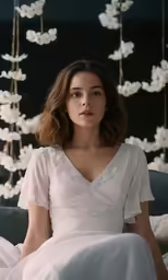 a woman is sitting and wearing a white dress