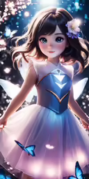 a pretty little girl dressed as snow holding butterflies