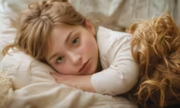 the little girl is lying in bed with her teddy bear