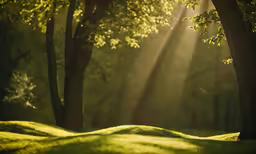 trees with sunlight beaming through the leaves on the grass