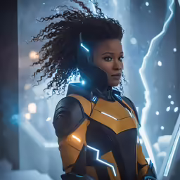 a woman in the sci fiction series has a neon light in her hair