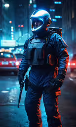 a man with a helmet and goggles and a vest on in a dark street,a man with a gun and helmet on stands in the middle of the street