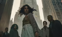a woman standing in front of a crowd of people on a city street
