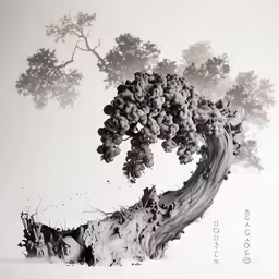 black and white painting with a bonsai tree in the middle
