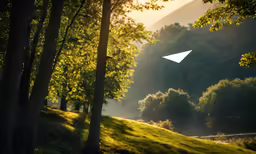 a white object floating up in the air between two trees