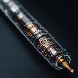 the inside workings of a mechanical device with gold tips