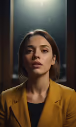 a woman with brown hair staring at something