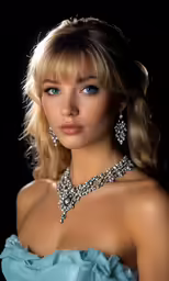 a very pretty blond woman in a dress wearing a diamond necklace