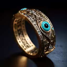 an eye on an ornately decorated ring sits on the table