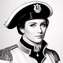 a woman with a hat on her head in black and white