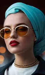 a woman wearing sunglasses and a headdress