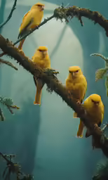 four yellow birds are perched on the branch
