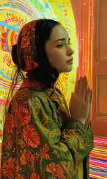a young woman praying with bright colors