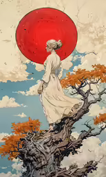a painting of a woman holding an umbrella on top of a tree