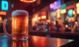 there is a glass mug of beer sitting on a counter