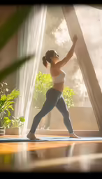 a woman wearing grey pants is stretching in a yoga position