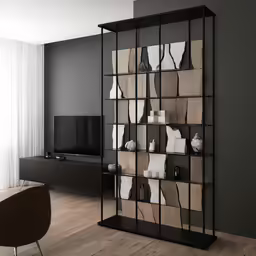 a large room with black glass doors and shelves