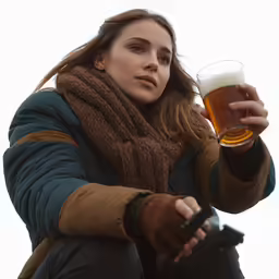 a young woman holds up a beer cup