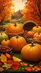 a large table filled with different kinds of pumpkins,a painting of pumpkins and other autumn food