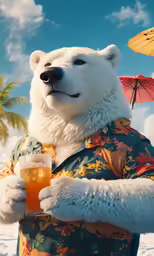 a large polar bear holding an orange beverage