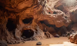the man is sitting on a small bench at a cave