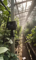 a camera in a greenhouse is seen on the ground