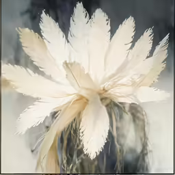 a large white flower in front of a glass
